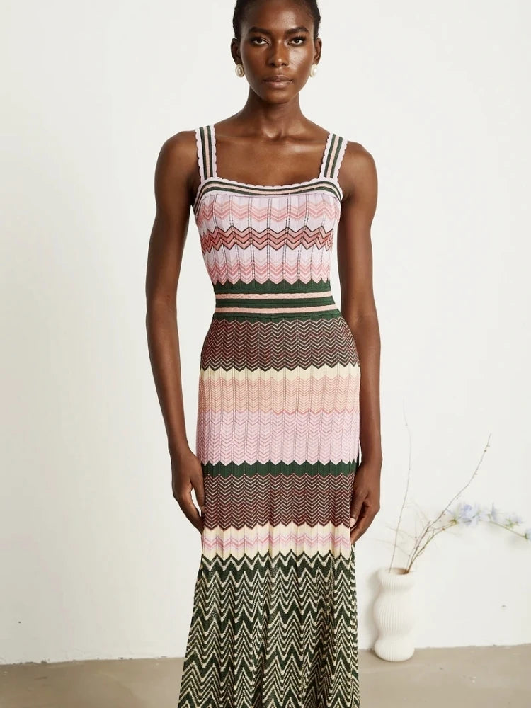 Luxus Marke Design Gestrickte Zickzack Hohe Elastizität Farbe Ärmellose Lange Maxi Kleid Frauen Arabischen Afrika Beliebte Boho Dame Rock