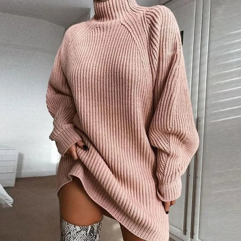 Frauen Einfarbig Lose Gestrickte Kleid 2023 Herbst Winter Neue Kleid Pullover Frauen Langarm Rollkragen Pullover Kleid Pullover