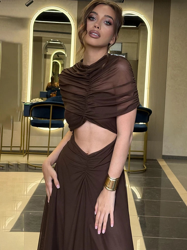 Mozision Aushöhlen Kurzarm Sexy Maxi Kleid Frauen Mode O Neck Geraffte Hohe Taille Bodycon Club Party Lange Kleid Weibliche