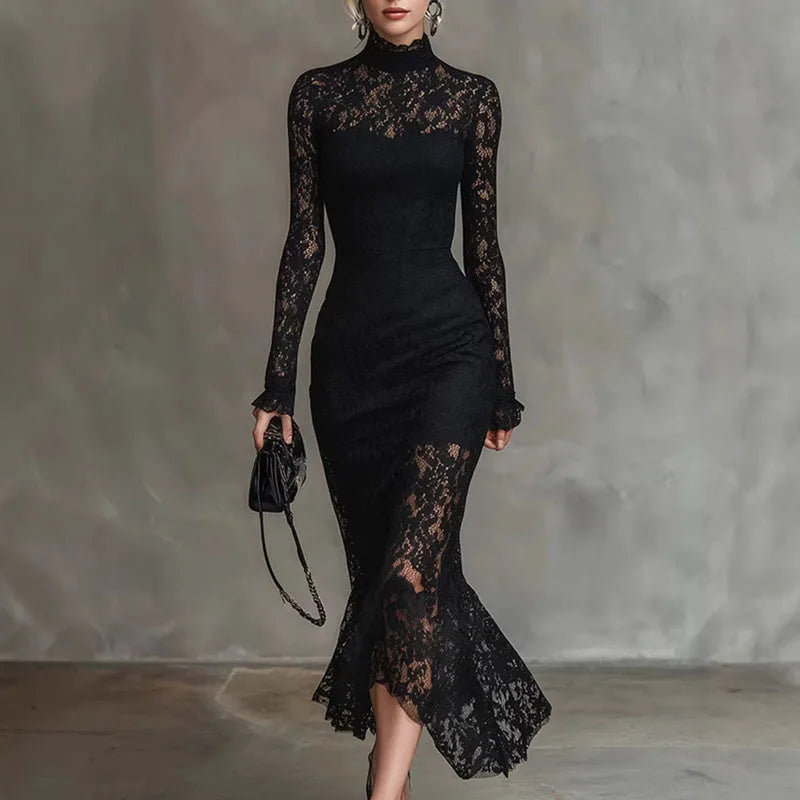 Sexy Spitzenkleid mit Ausschnitten, Meerjungfrauenkleid, Damen Frühling Rollkragen, schmal geschnitten, unregelmäßig, Partykleid, Herbst, lange Ärmel, figurbetontes Maxikleid