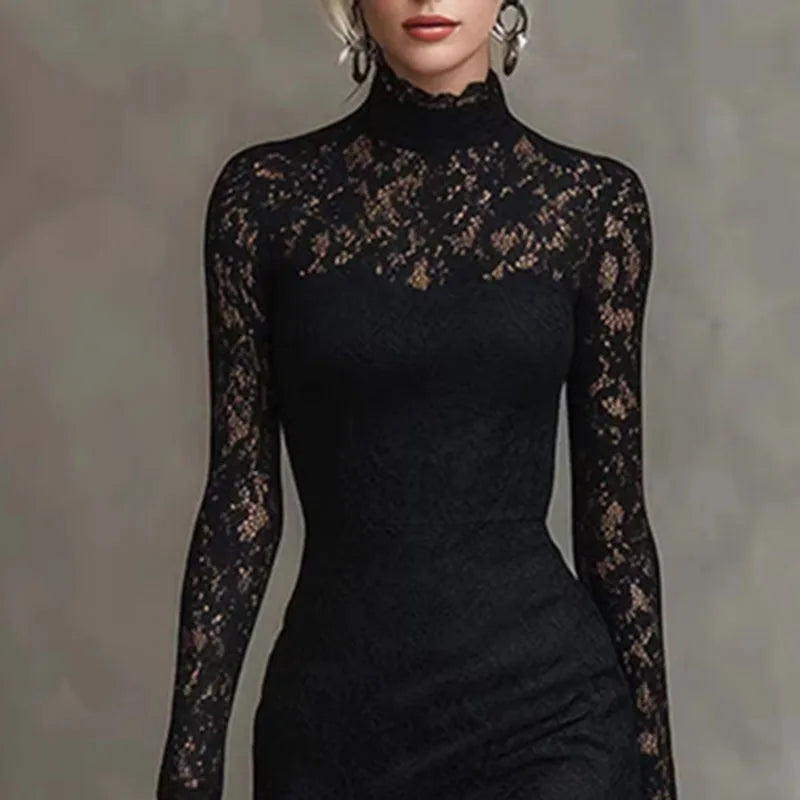 Sexy Spitzenkleid mit Ausschnitten, Meerjungfrauenkleid, Damen Frühling Rollkragen, schmal geschnitten, unregelmäßig, Partykleid, Herbst, lange Ärmel, figurbetontes Maxikleid