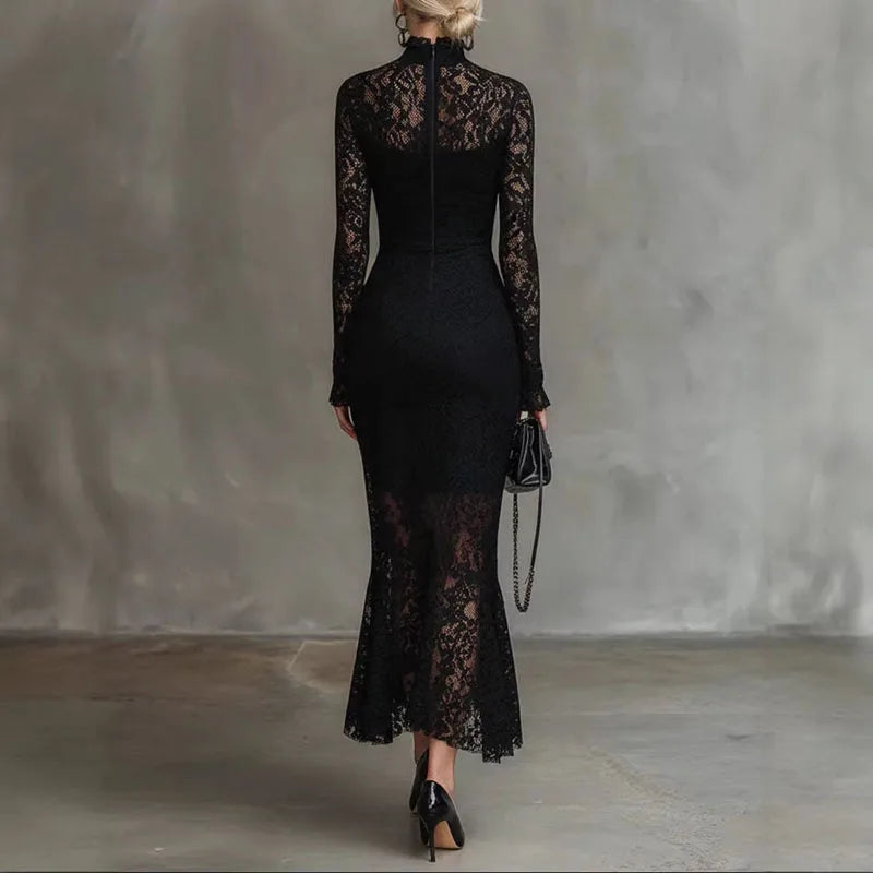 Sexy Spitzenkleid mit Ausschnitten, Meerjungfrauenkleid, Damen Frühling Rollkragen, schmal geschnitten, unregelmäßig, Partykleid, Herbst, lange Ärmel, figurbetontes Maxikleid